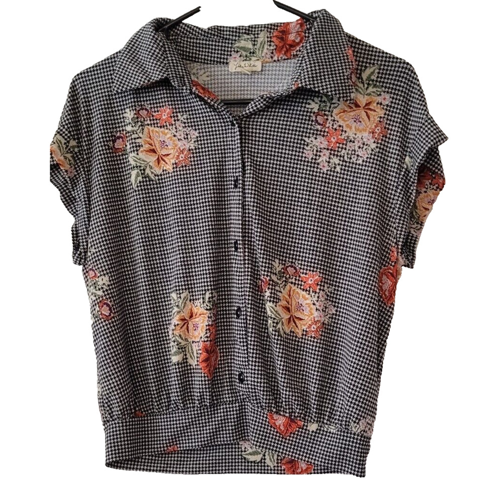 Lily White Medium Button Up Y2K Floral Checkered Blouse Houndstooth Black White